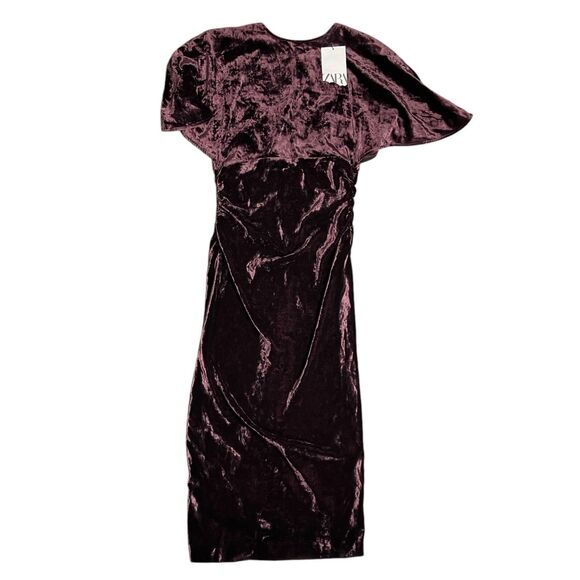ZARA Burgundy Velvet Midi Dress Flutter Sleeve Holiday Cocktail Size S - Picture 4 of 13
